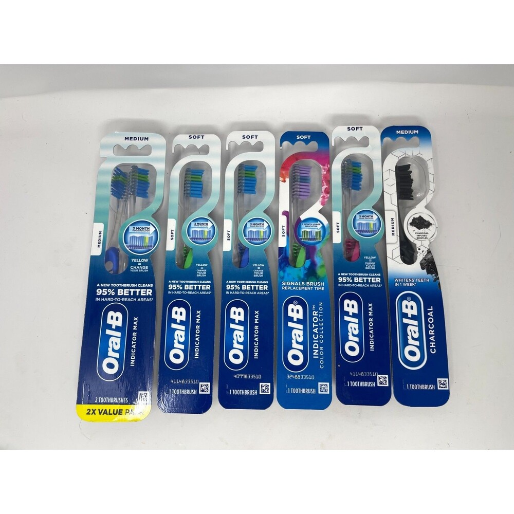 Lot 7 Oral-B Indicator + Max + Charcoal Toothbrush Soft/Medium Assorted
